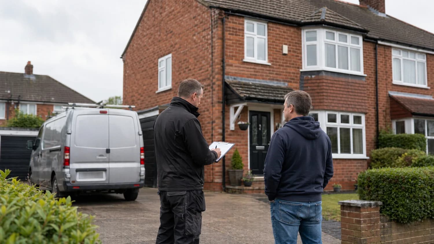 Roofer discussing a roof quote outside a Birmingham home