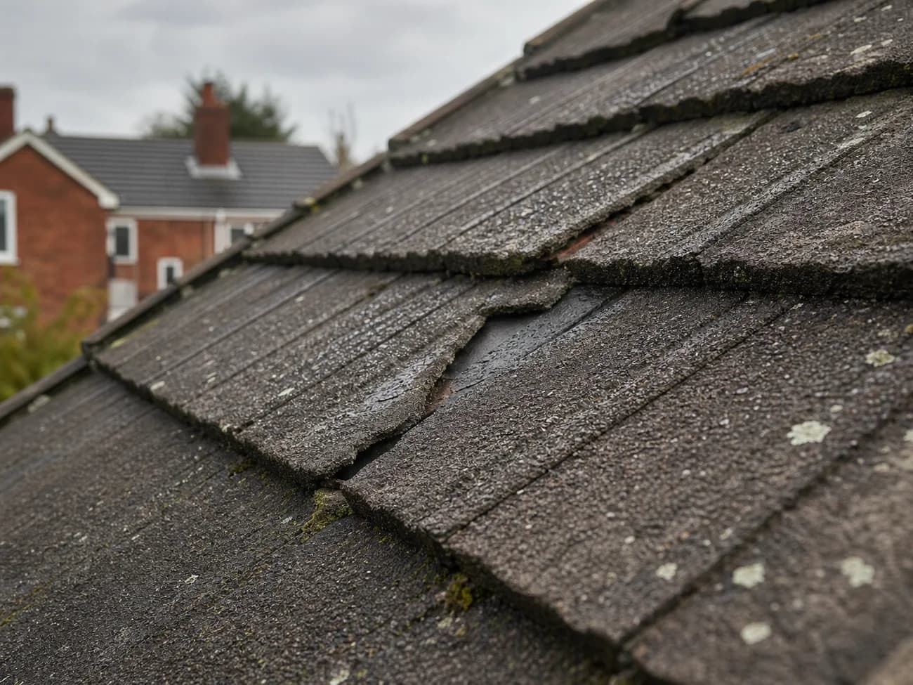 Damaged roof tiles on a weathered roof